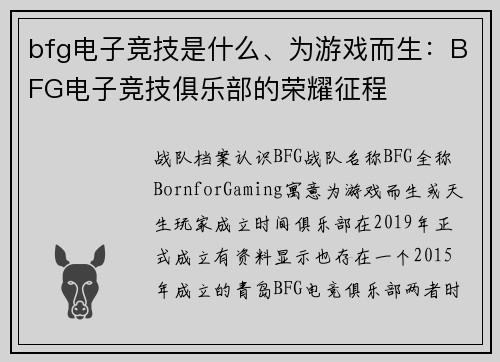 bfg电子竞技是什么、为游戏而生：BFG电子竞技俱乐部的荣耀征程